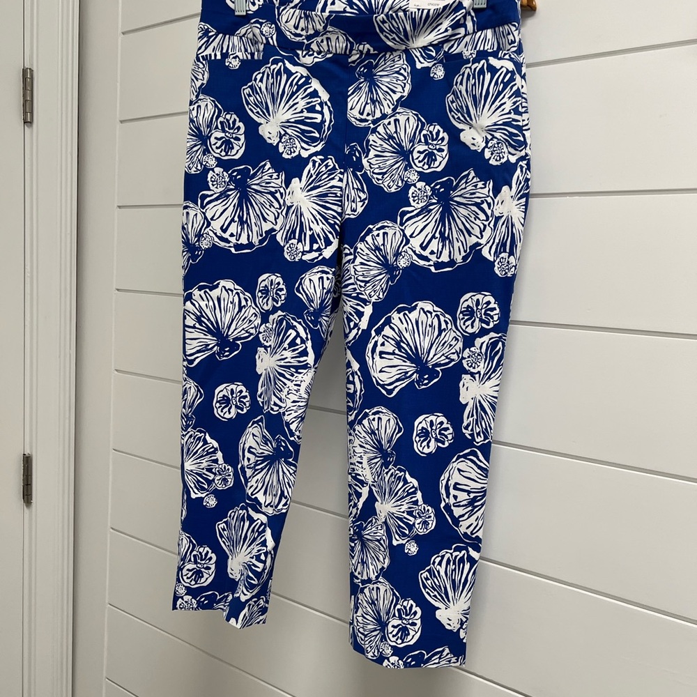 Chico's Blue and White Floral Slim Leg Pants, Brigitte slim leg.